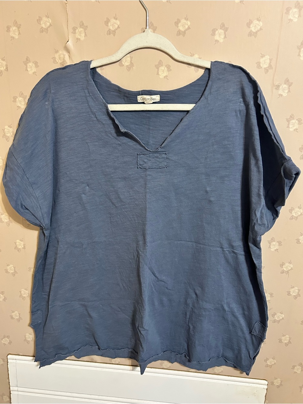 Cotton Bleu Blue Oversized Cotton Top | Boho Raw Edge Casual Tee